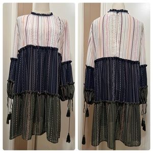 ALLISON NEW YORK Floral Tiered Tassel Dress Long Sleeve Boho Size L.